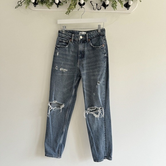 Zara Denim - Zara High Rise Straight Leg Distressed Jeans Size 4